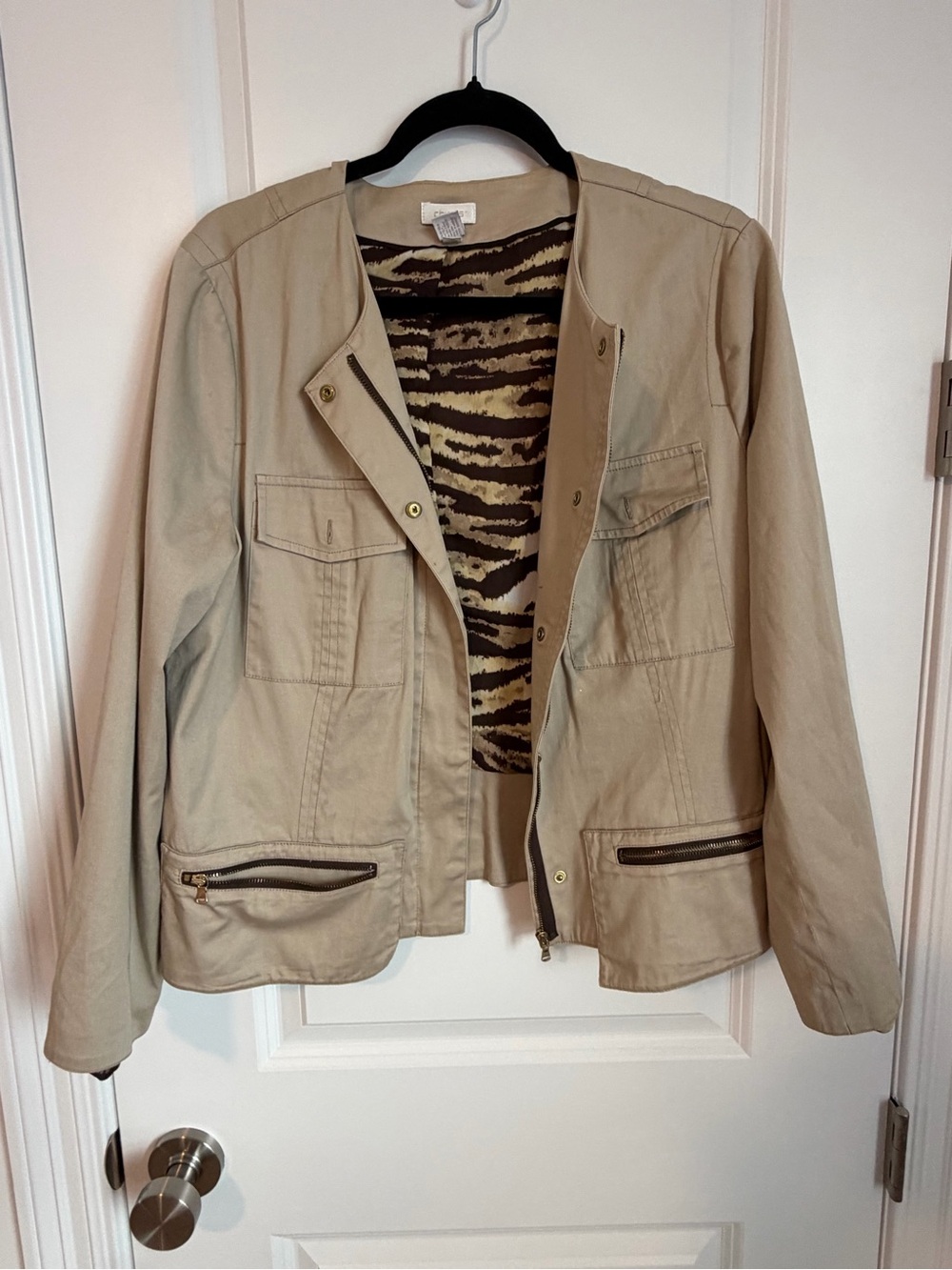 Chico's Beige Utility Jacket with Animal-Print Lining